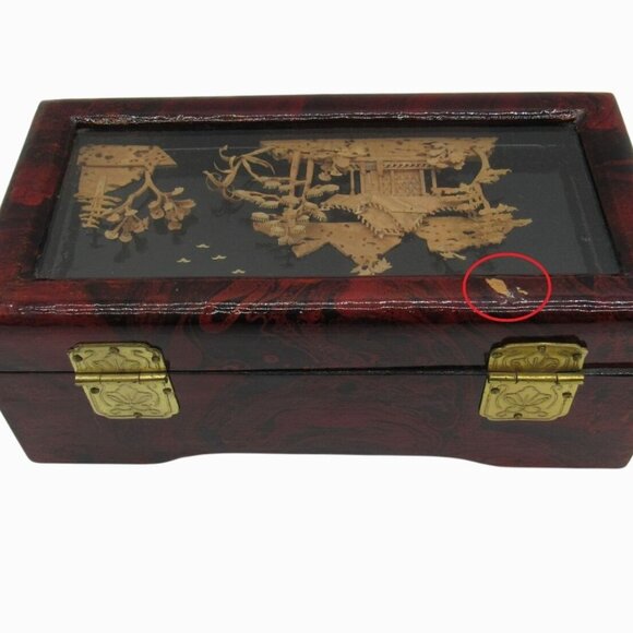 Vintage Oriental Lacquered Wooden JEWELRY BOX 3D Cork Pagoda with Birds - Picture 4 of 13